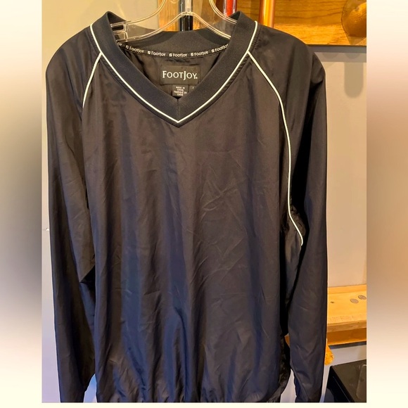 Footjoy Black Golf V-Neck Windbreaker Jacket Mens large Polyester White coat FJ - Picture 1 of 13